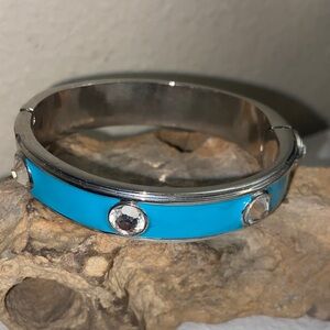 Vintage 90s Silver Tone Alloy Aqua Enamel & Rhinestoned Hinged Clamper Bracelet